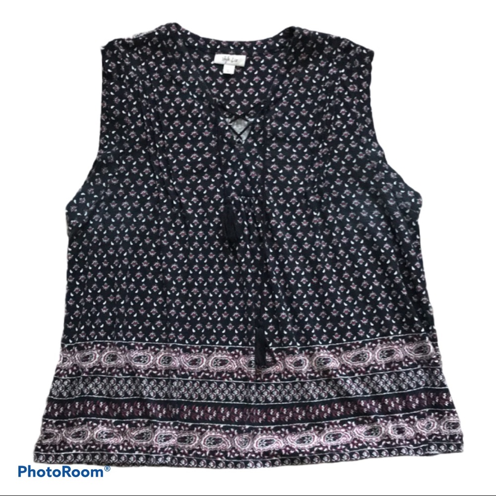 Style & co Sleeveless Tunic Floral Print Black Purple Tie String V-neck … - Picture 9 of 15